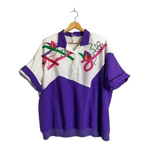 Vintage Teddi Sport Shirt Women's 22W Plus Purple White Floral Windbreaker 3X